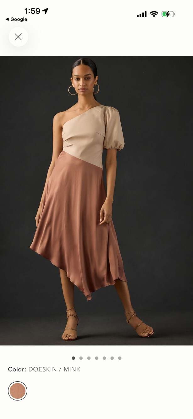 By Anthropologie Faux Leather One-Shoulder Asymmetrical Midi Dress in Doeskin/Mi